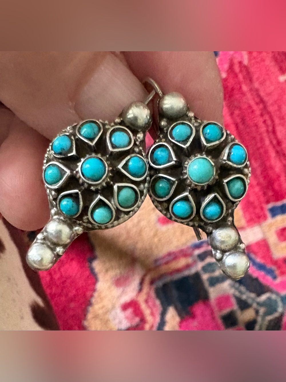 Vintage 925 Sterling  silver Turquoise Floral Cluster Drop Earrings